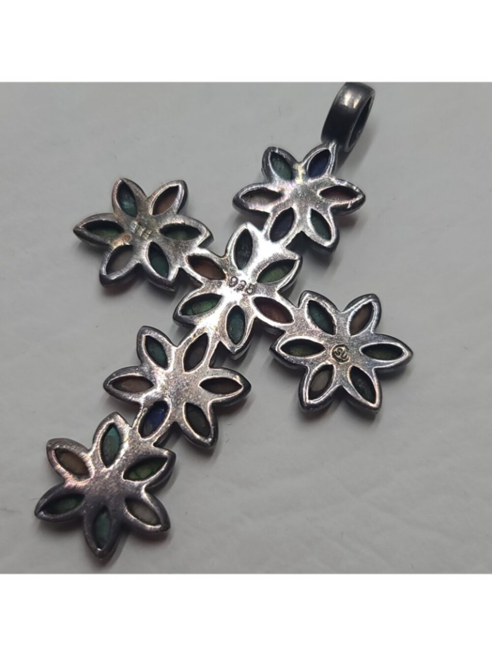 Vintage Sterling Silver Turquoise Lapis Spiny Oyster Floral Cross Pendant ,TH SU - Picture 7 of 9